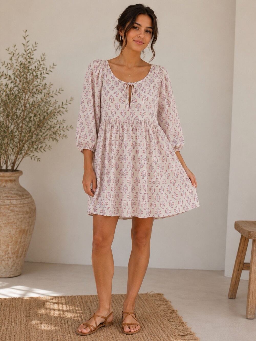 Billabong Dress M White Purple Floral Babydoll Mini Puff Sleeve Boho Cottagecore